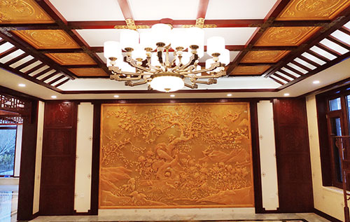 长泰中式别墅客厅中式木作横梁吊顶装饰展示