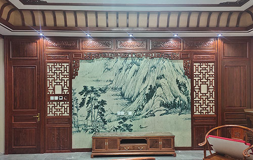 长泰中式仿古别墅客厅背景墙花格木作装饰